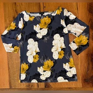 Ann Taylor Factory Gray Stretch Shirt, Pretty White & Gold Floral Print, Sz Sml